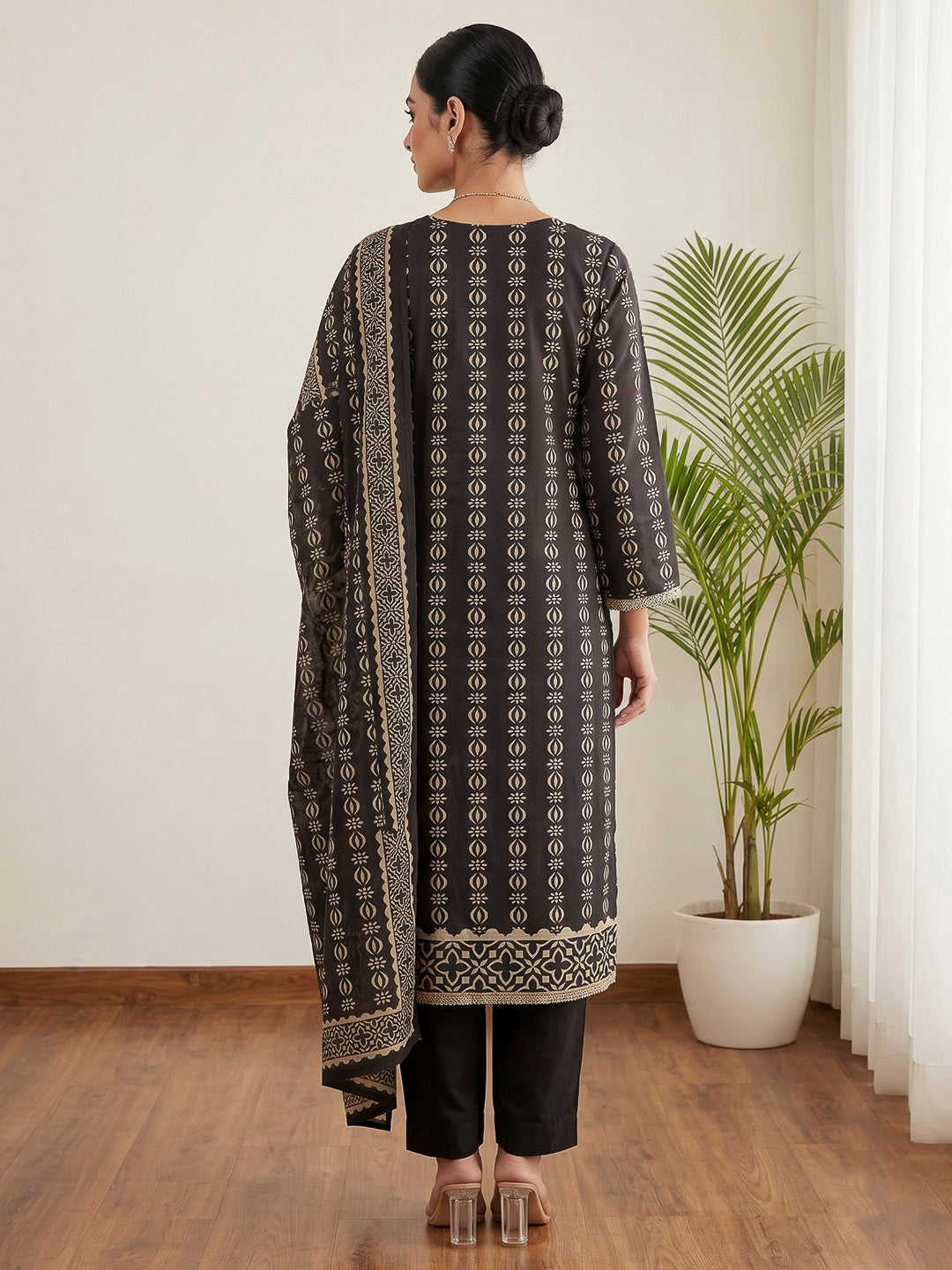 Black Printed Cotton Blend Kurta With Pant &amp; Dupatta