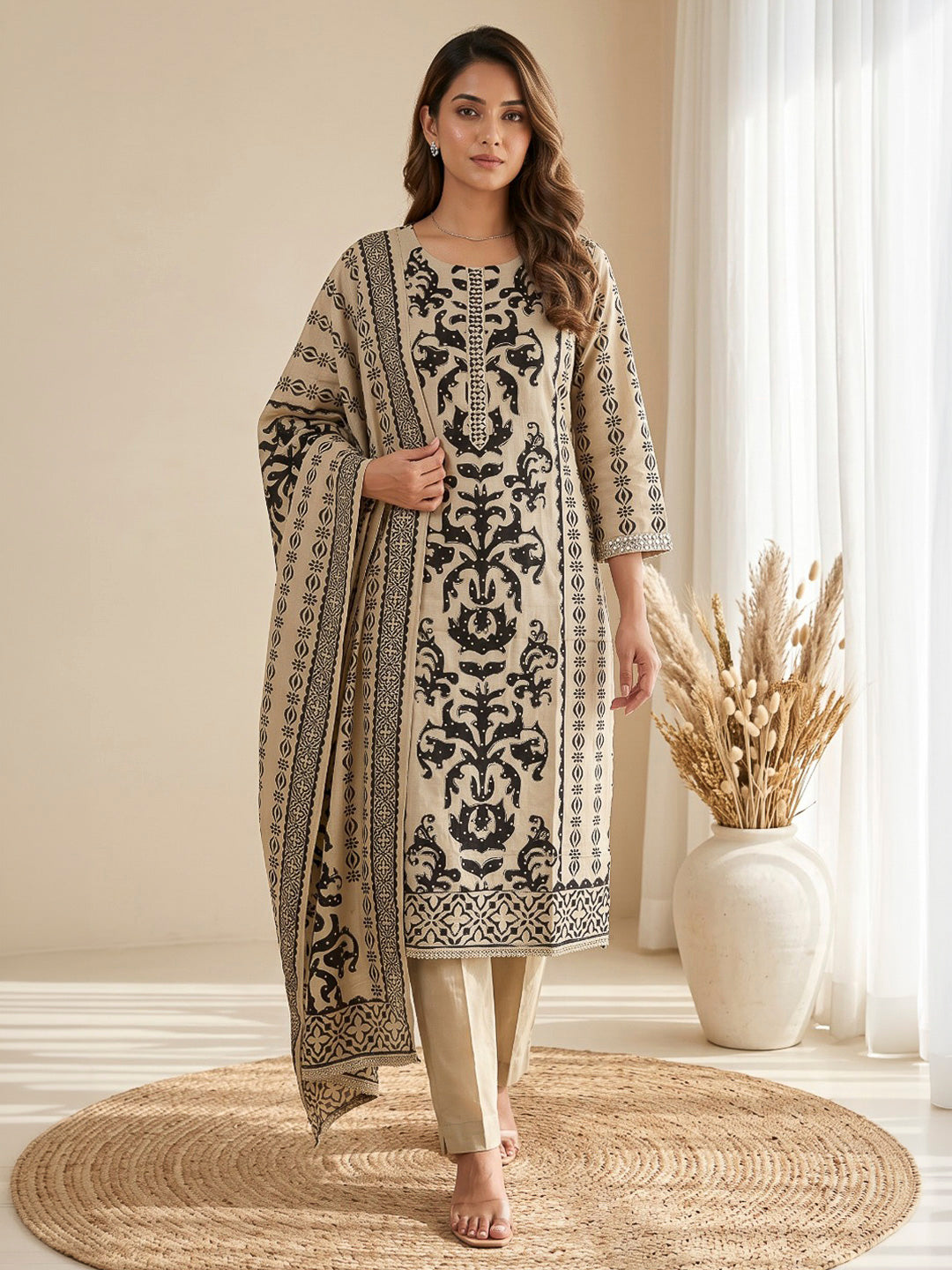 White Printed Cotton Blend Kurta With Pant &amp; Dupatta