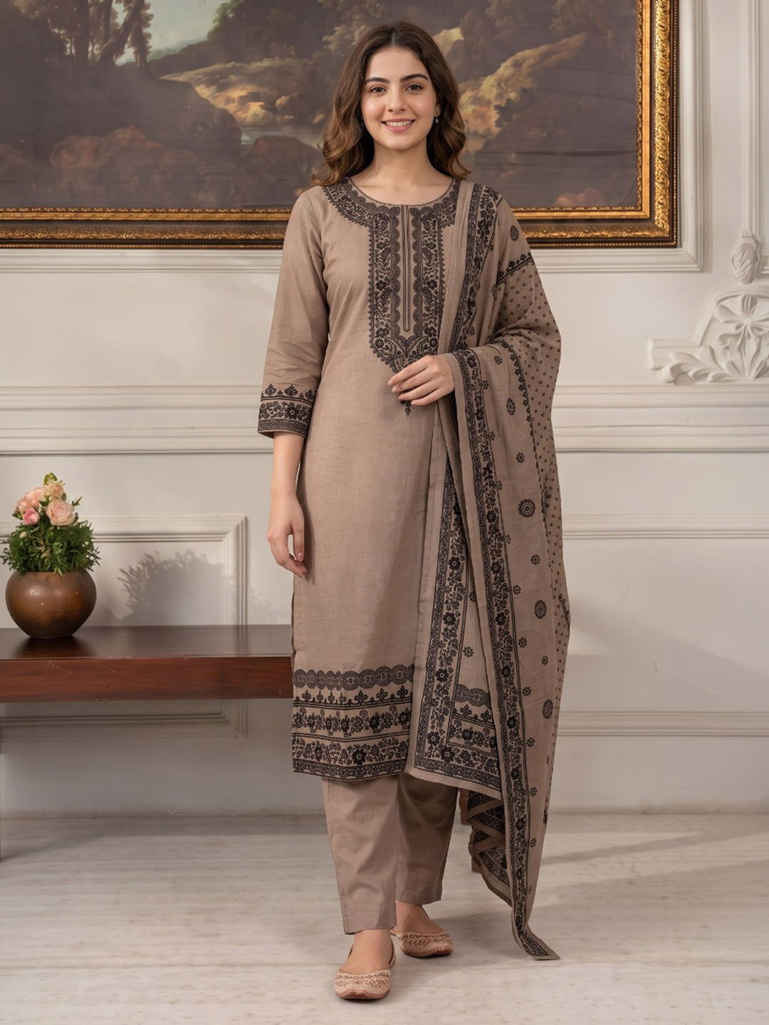Beige Printed Muslin Kurta With Pant &amp; Dupatta