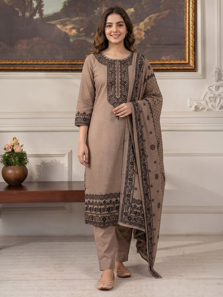 Beige Printed Muslin Kurta With Pant &amp; Dupatta