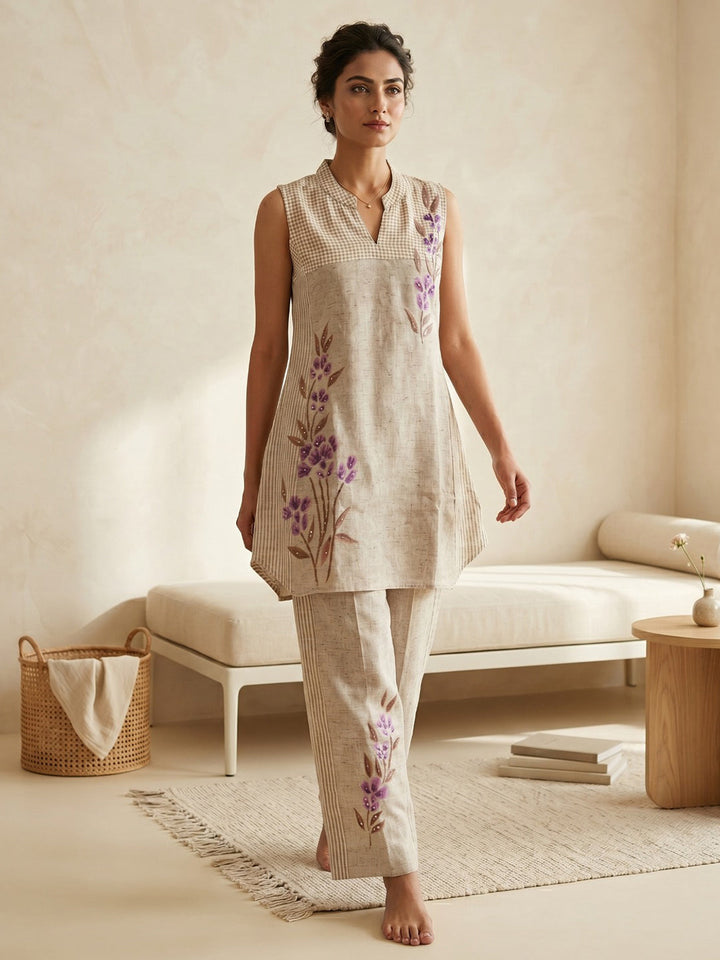 Beige Embroidered Cotton Blend Round Neck Straight Kurta With Pant