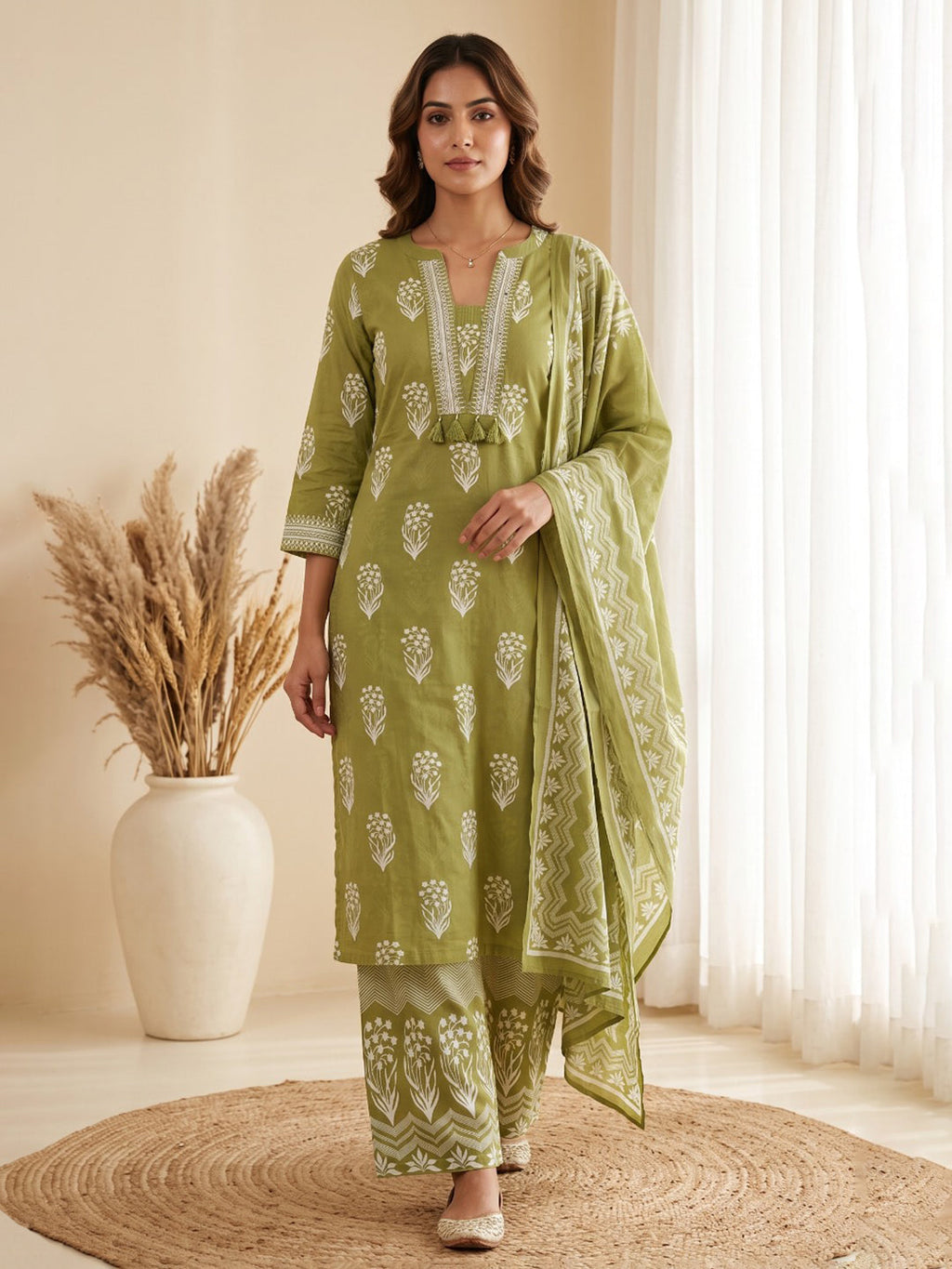 Green Printed Cotton Blend Kurta With Pant & Dupatta