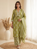 Green Printed Cotton Blend Kurta With Pant & Dupatta