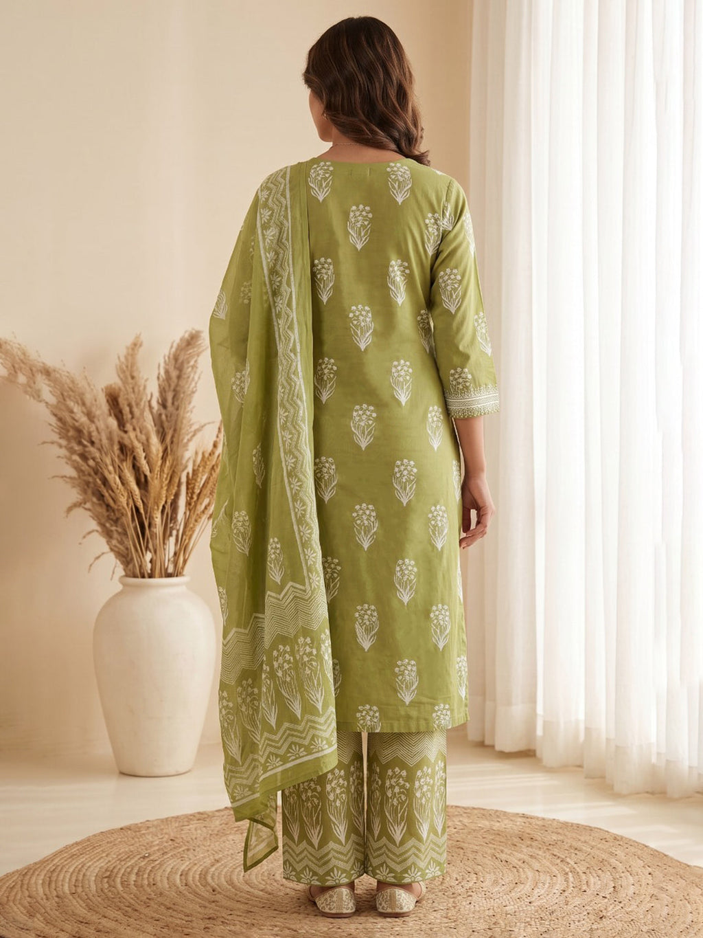 Green Printed Cotton Blend Kurta With Pant & Dupatta