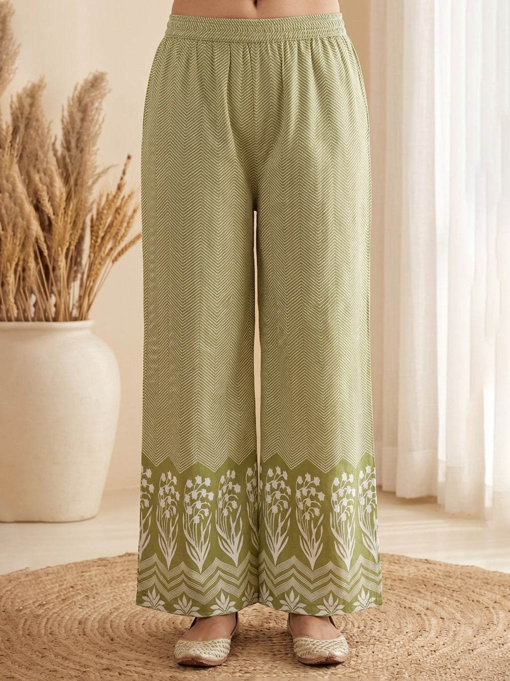 Green Printed Cotton Blend Kurta With Pant & Dupatta