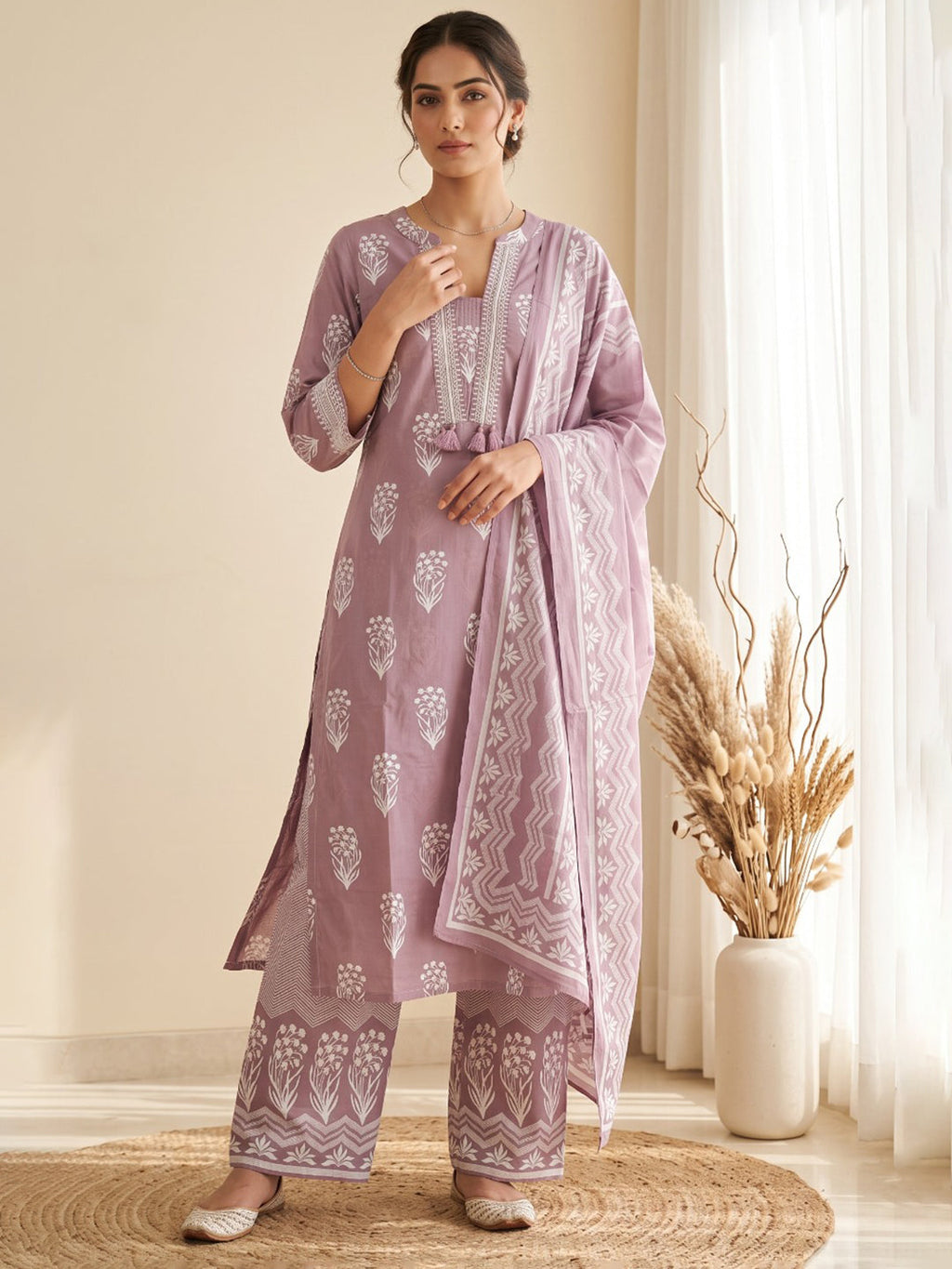 Lavender Printed Cotton Blend Kurta With Pant & Dupatta