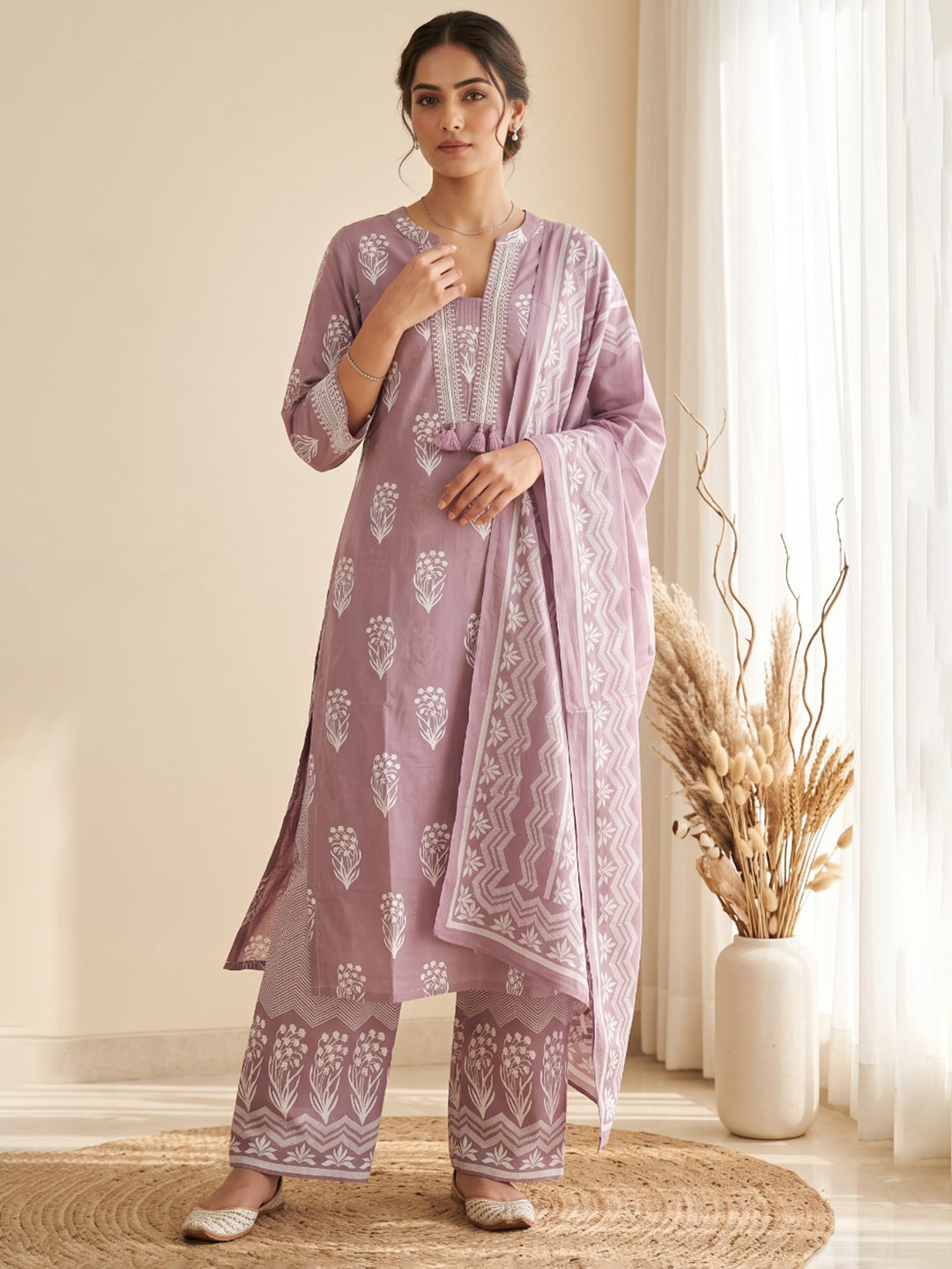 Lavender Printed Cotton Blend Kurta With Pant & Dupatta