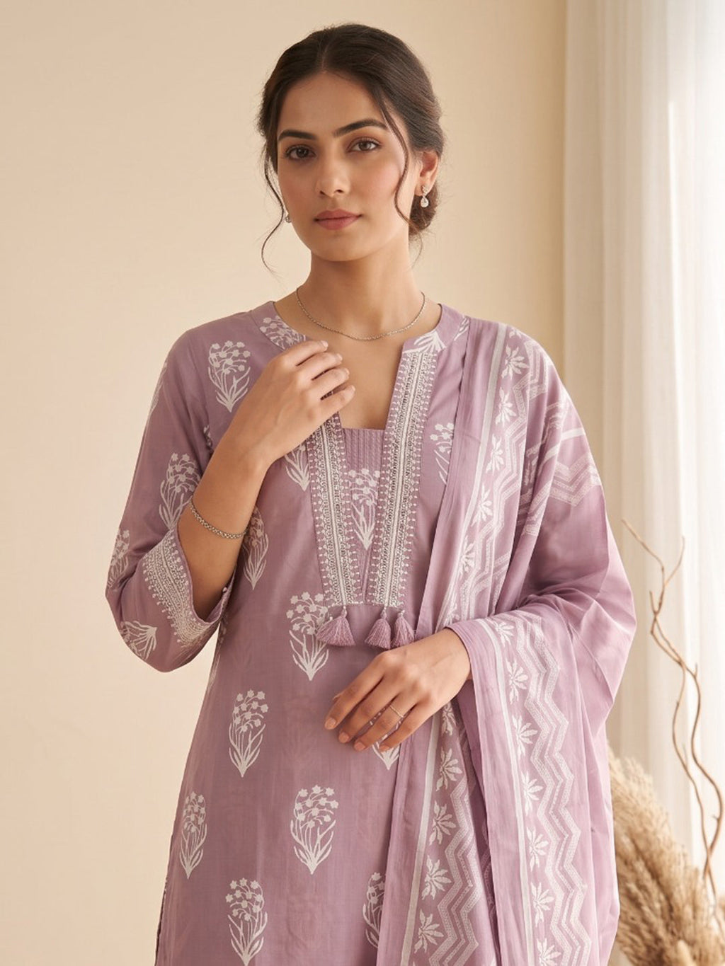 Lavender Printed Cotton Blend Kurta With Pant & Dupatta