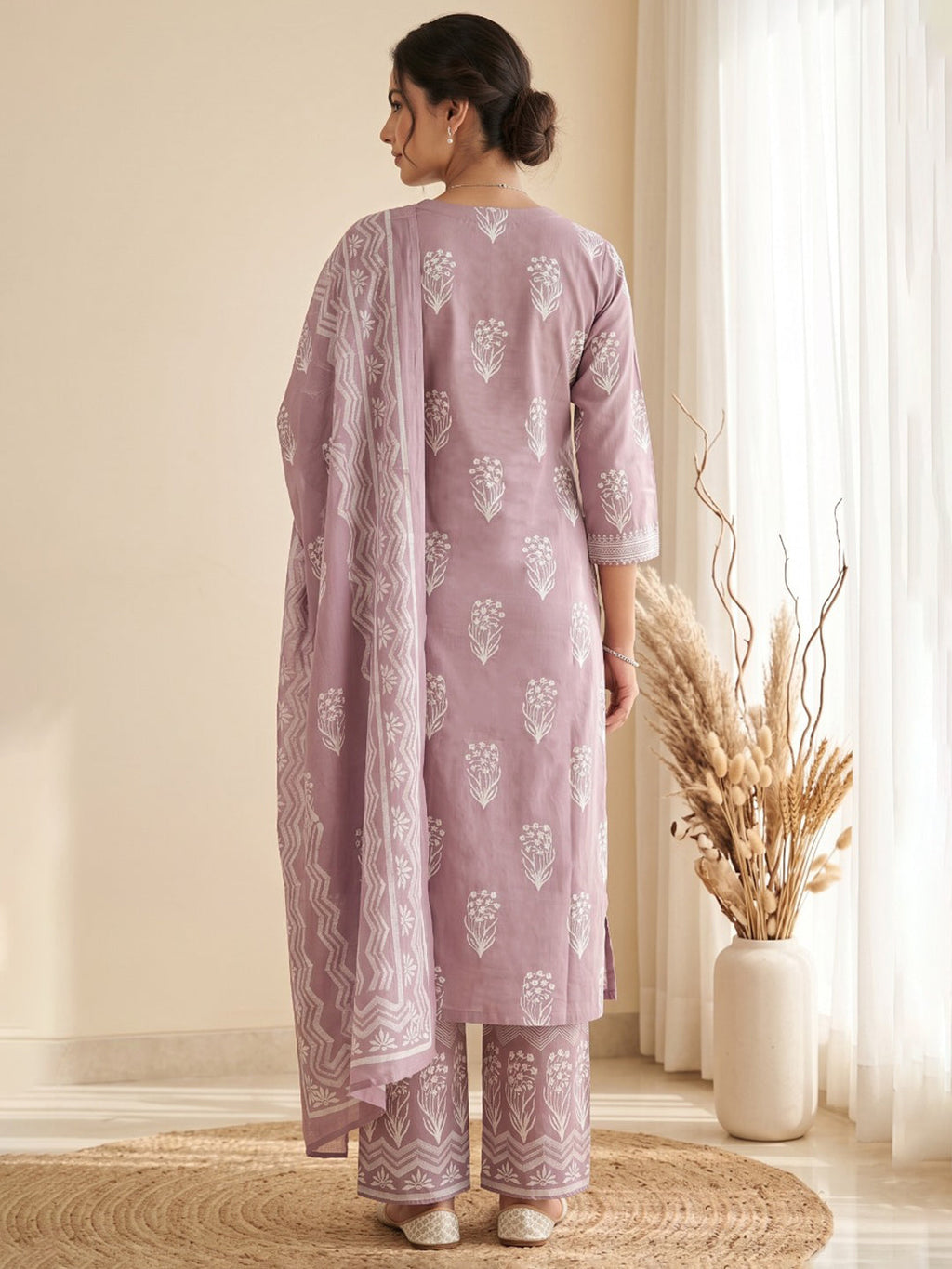 Lavender Printed Cotton Blend Kurta With Pant & Dupatta