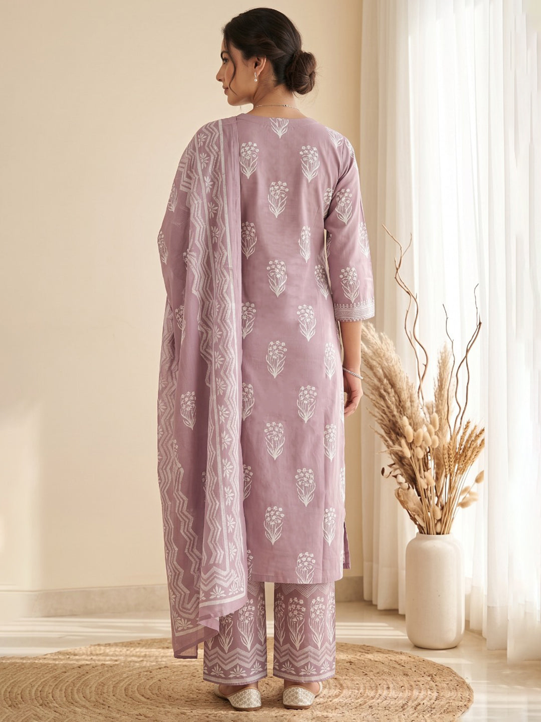 Lavender Printed Cotton Blend Kurta With Pant & Dupatta