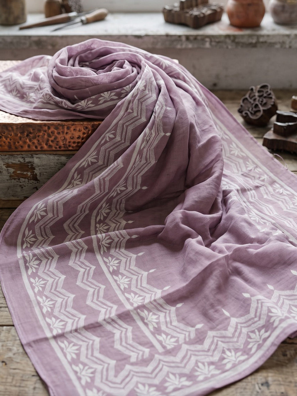 Lavender Printed Cotton Blend Kurta With Pant & Dupatta