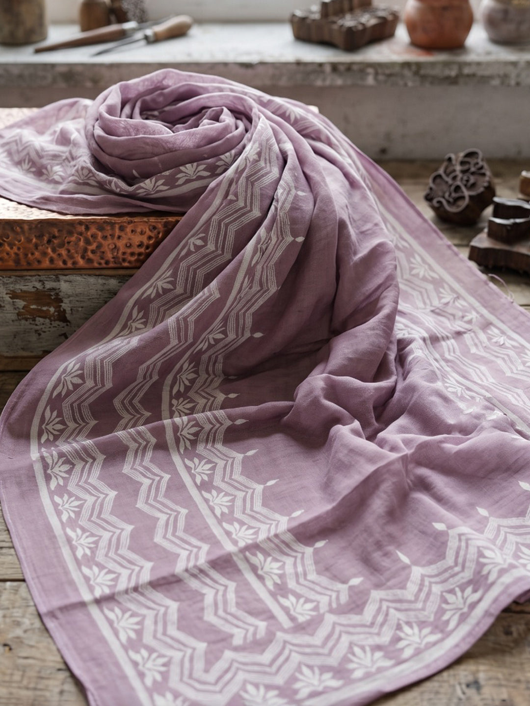 Lavender Printed Cotton Blend Kurta With Pant & Dupatta