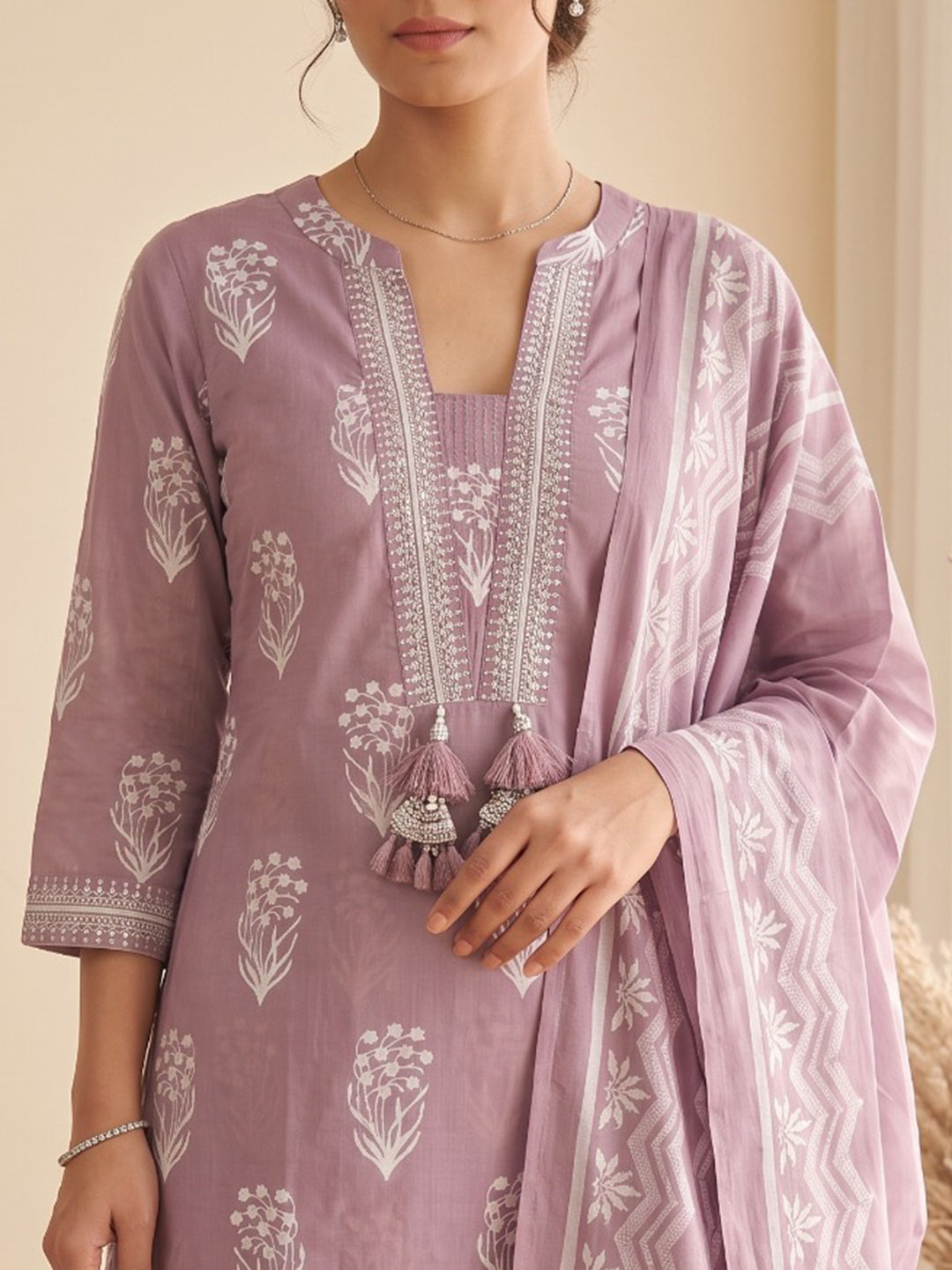 Lavender Printed Cotton Blend Kurta With Pant & Dupatta