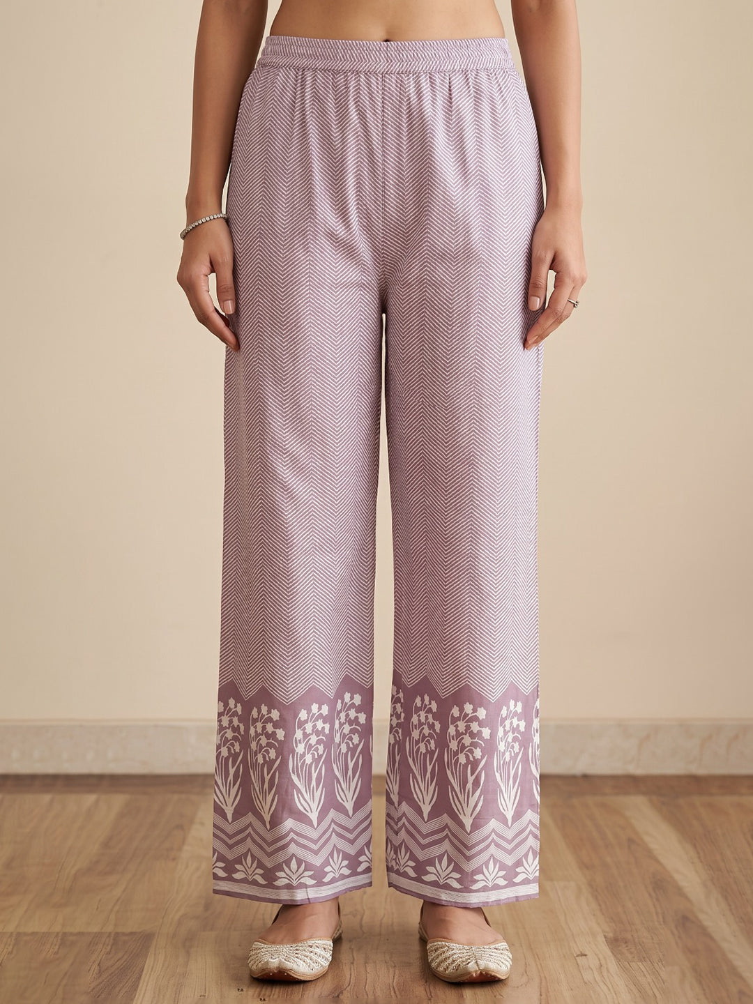 Lavender Printed Cotton Blend Kurta With Pant & Dupatta