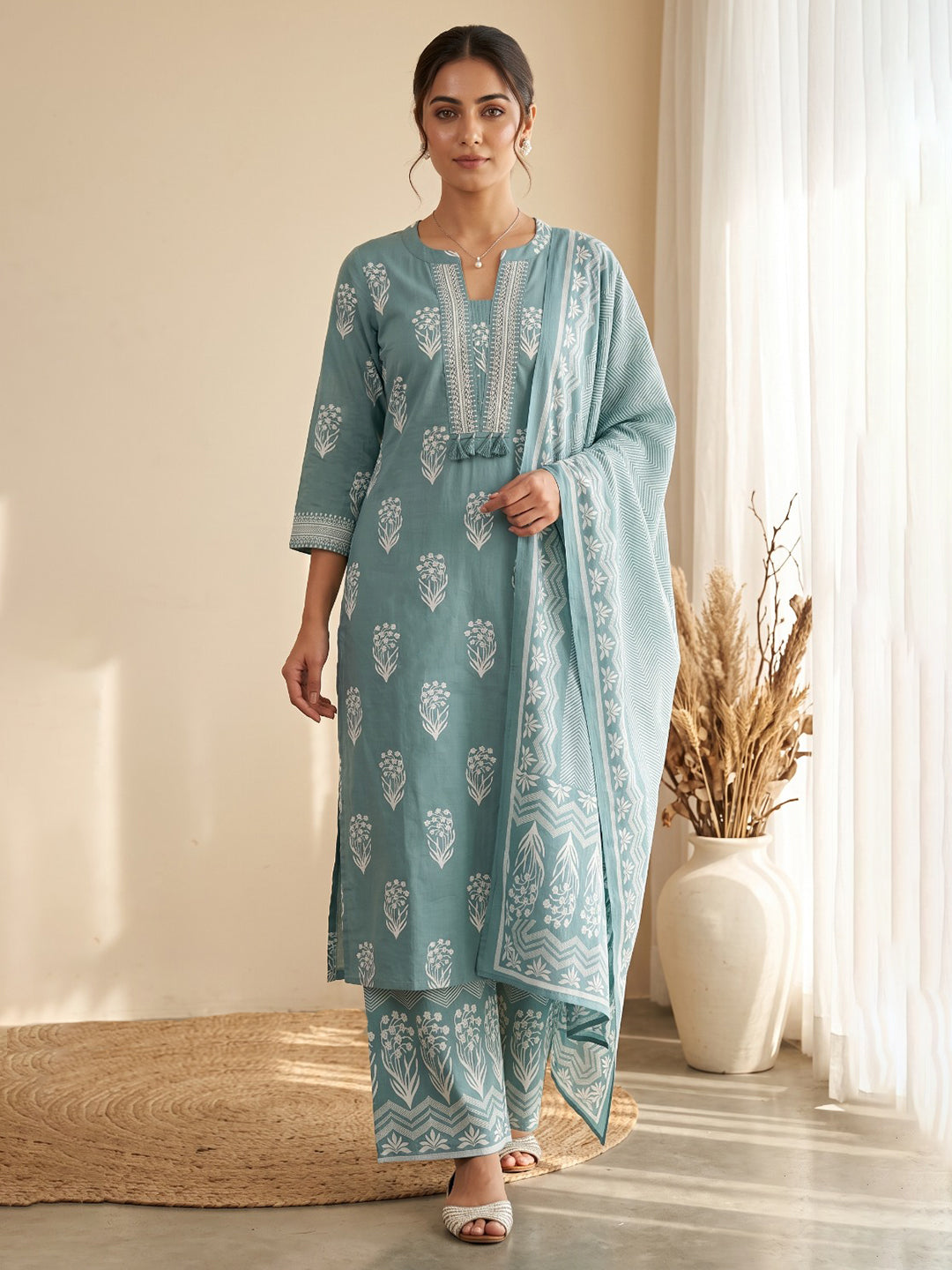 Sky Blue Printed Cotton Blend Kurta With Pant & Dupatta
