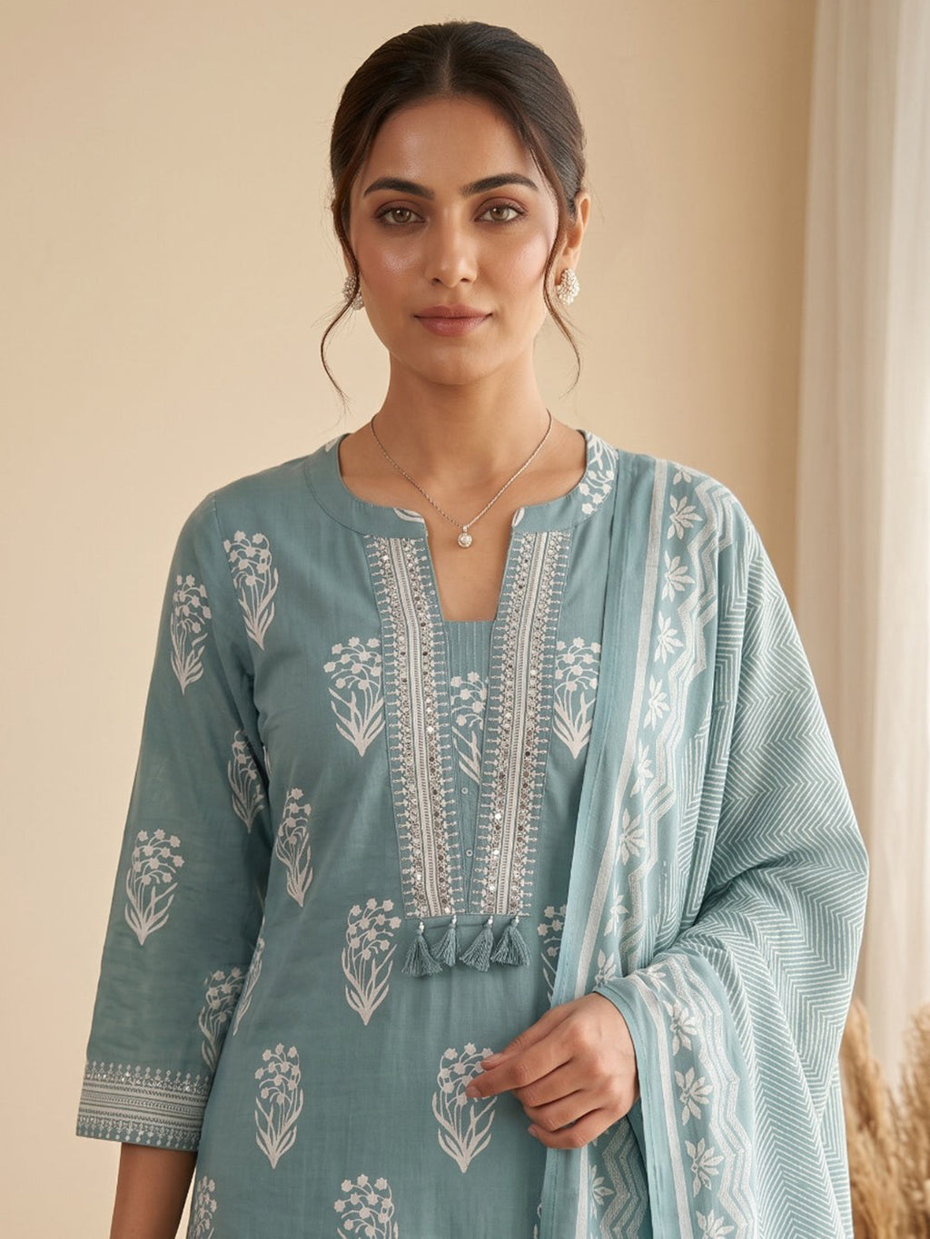 Sky Blue Printed Cotton Blend Kurta With Pant & Dupatta