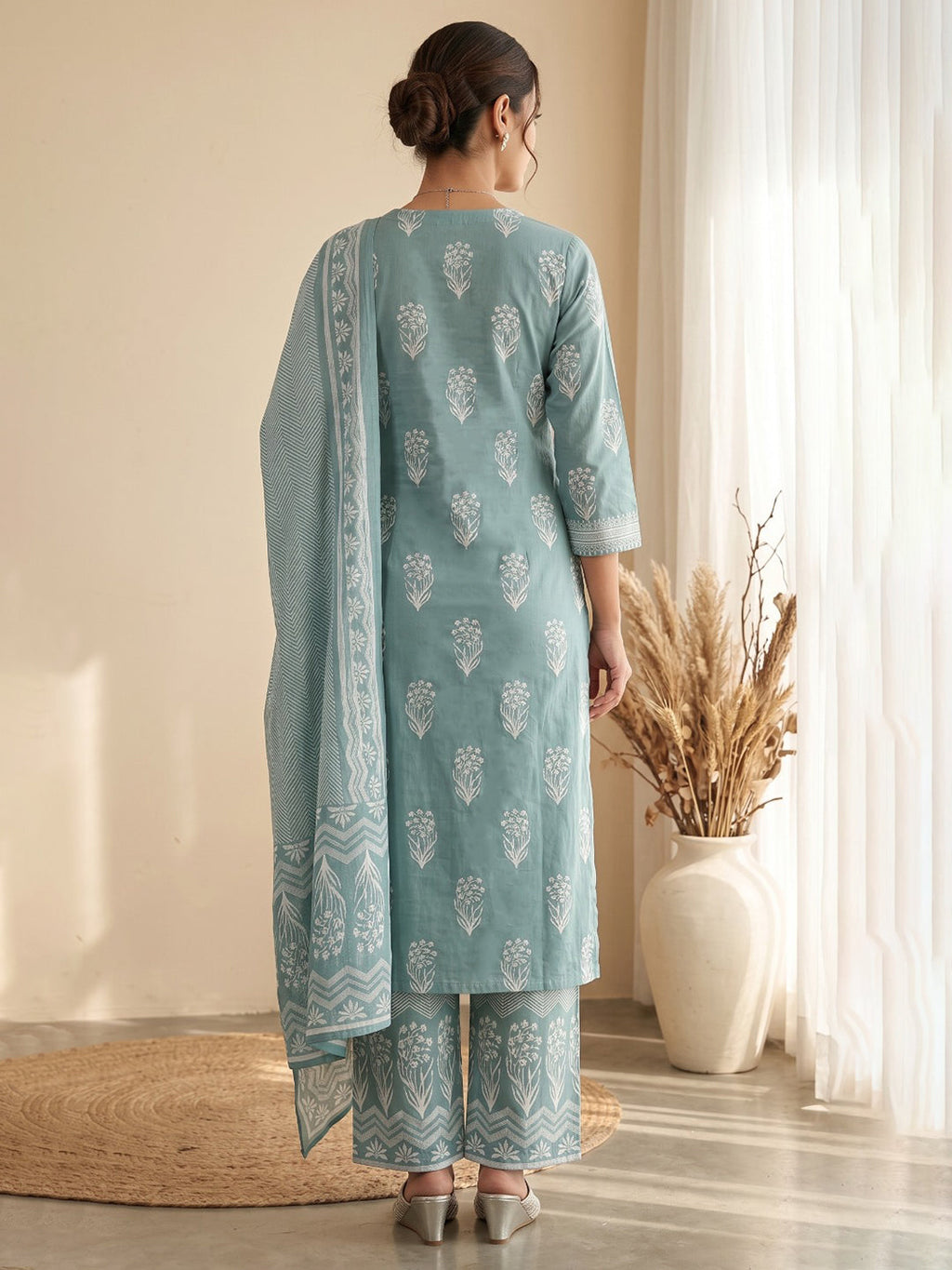 Sky Blue Printed Cotton Blend Kurta With Pant & Dupatta