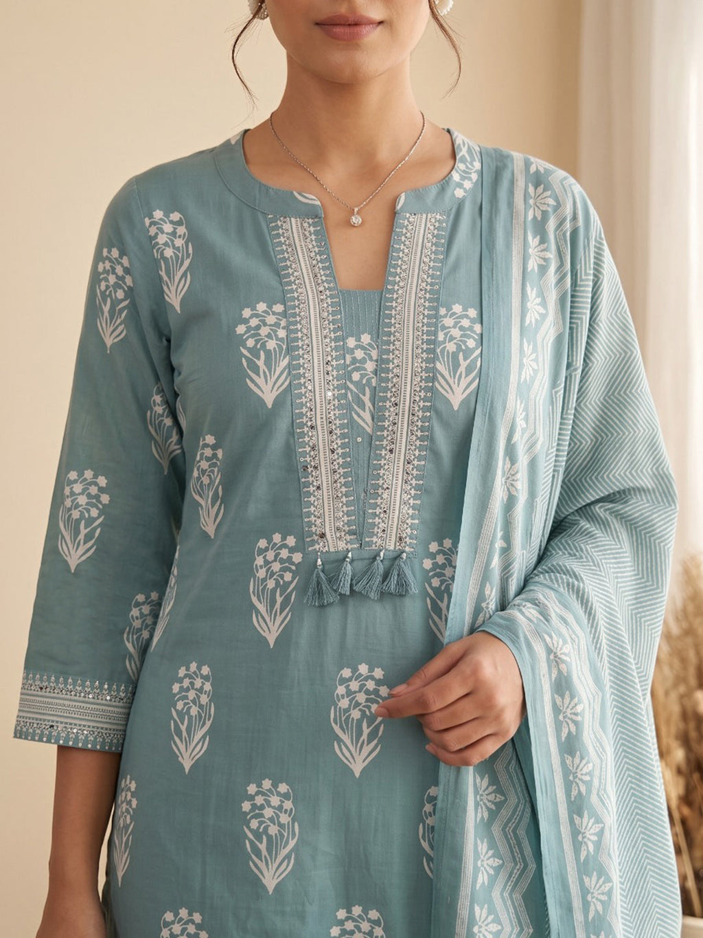 Sky Blue Printed Cotton Blend Kurta With Pant & Dupatta