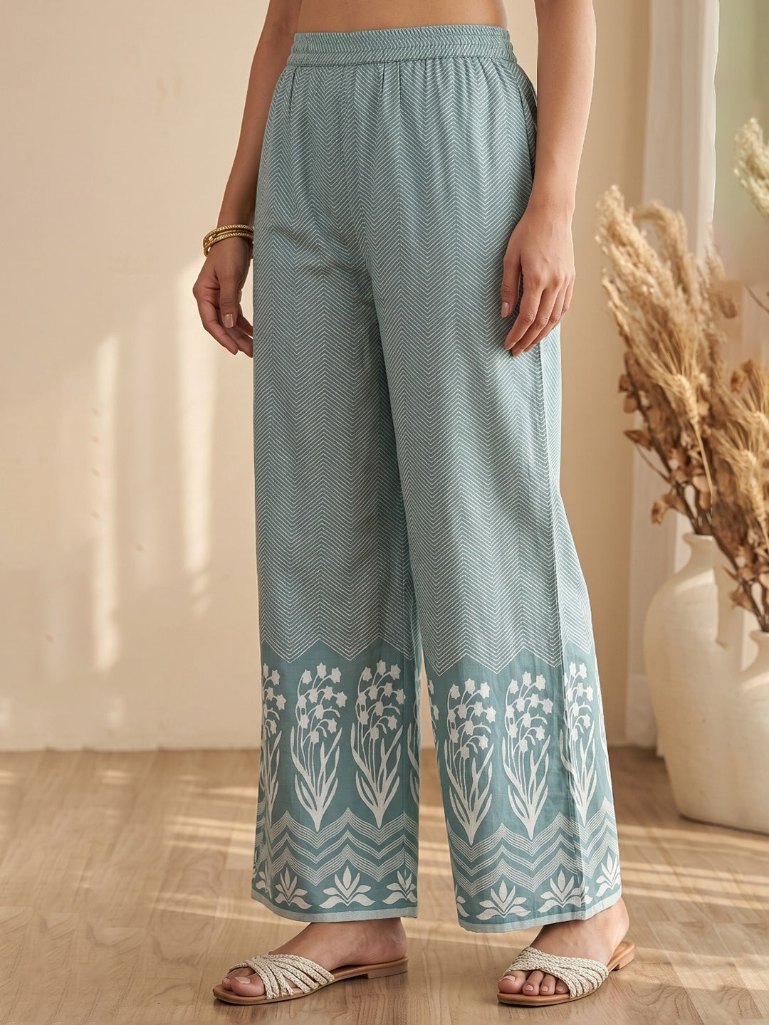 Sky Blue Printed Cotton Blend Kurta With Pant & Dupatta