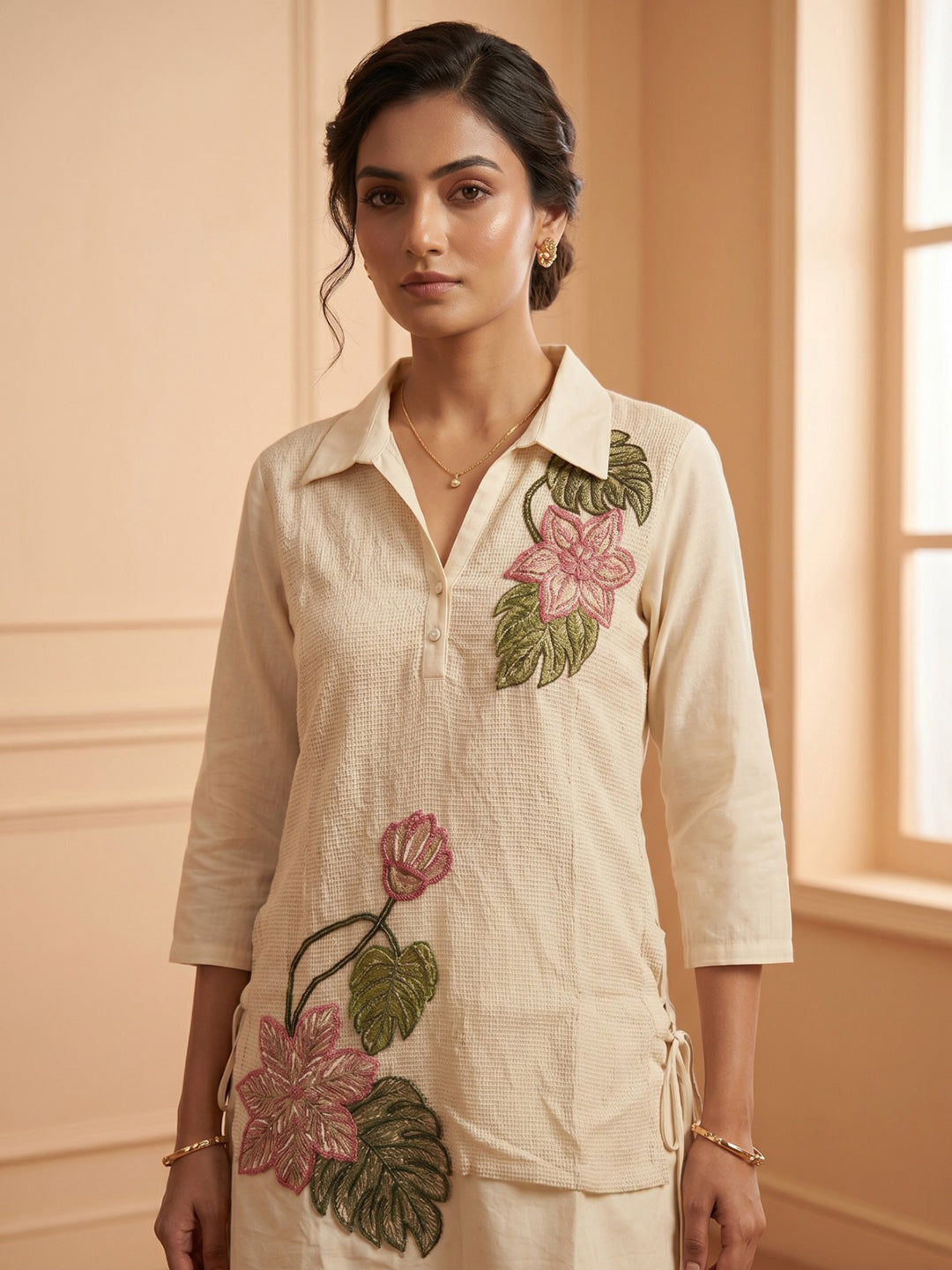 White Printed Cotton Blend V Neck Kurta Set