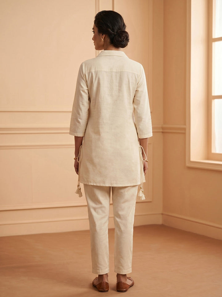 White Printed Cotton Blend V Neck Kurta Set