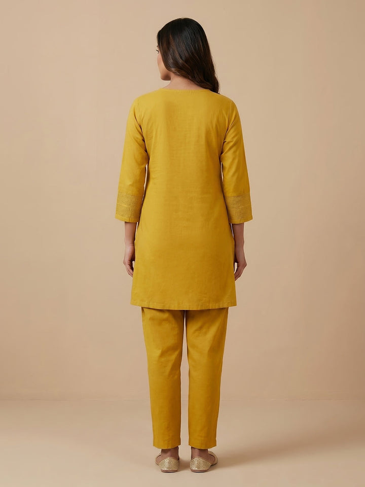 Mustard Embroidered Cotton Blend Round Neck Kurta Set