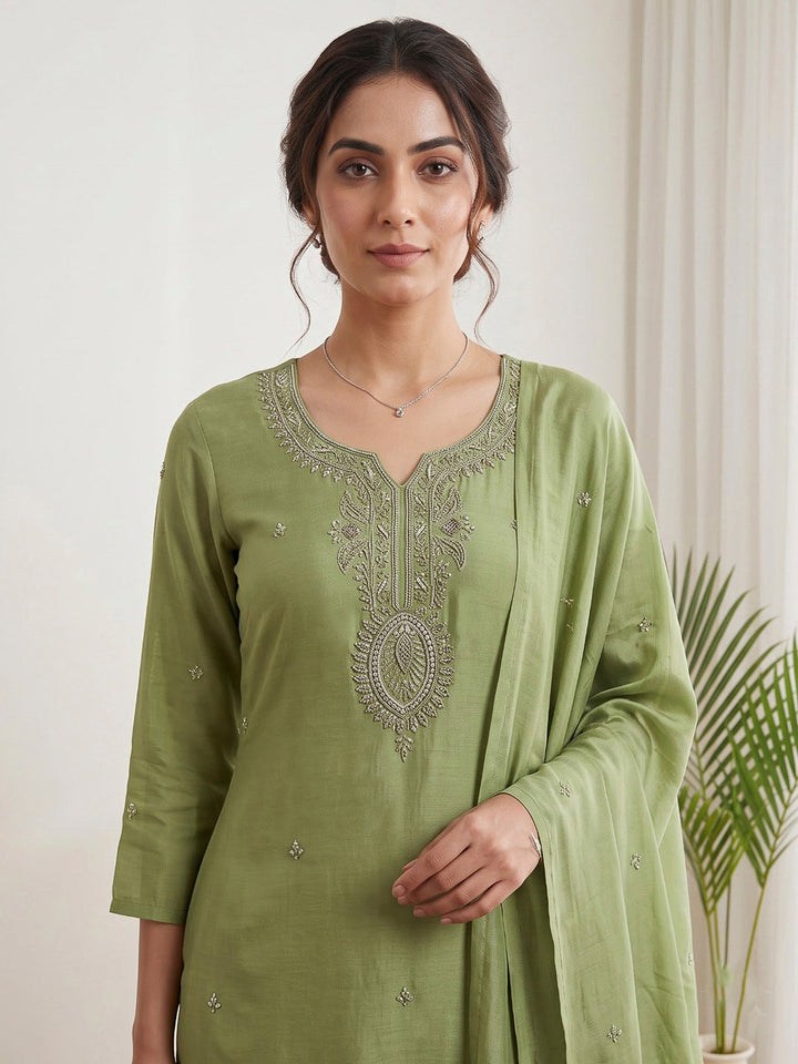 Green Printed Cotton Blend Kurta With Pant &amp; Dupatta