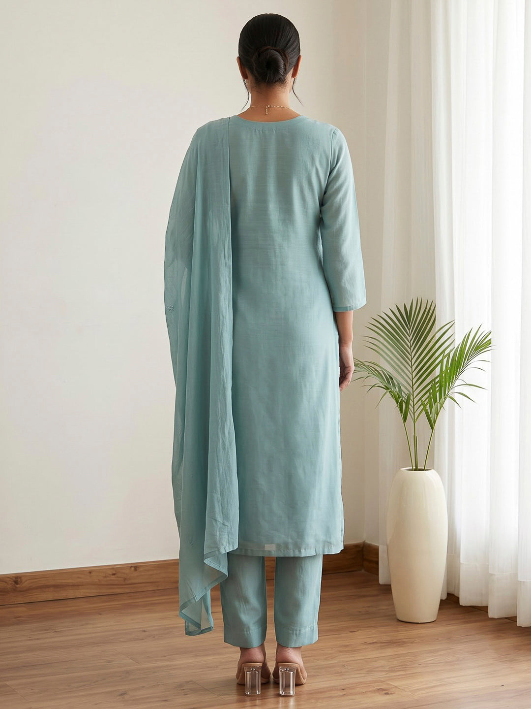 Sky Blue Printed Cotton Blend Kurta With Pant &amp; Dupatta