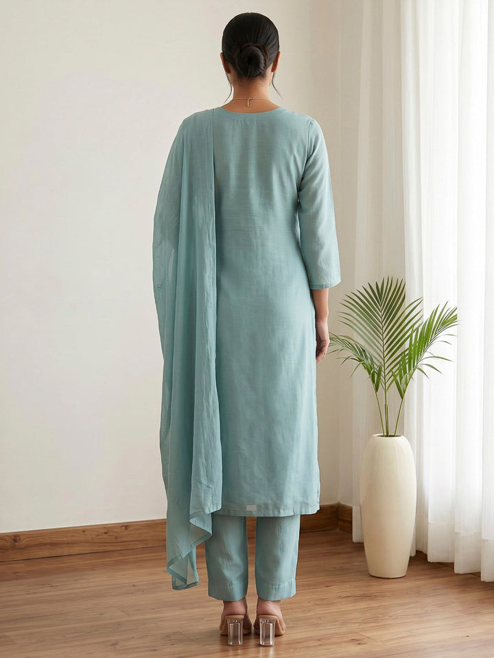 Sky Blue Printed Cotton Blend Kurta With Pant &amp; Dupatta