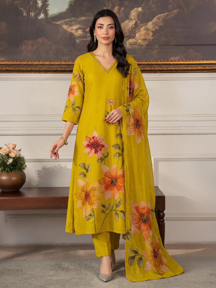 Yellow Embroidered Chanderi Kurta With Pant &amp; Dupatta