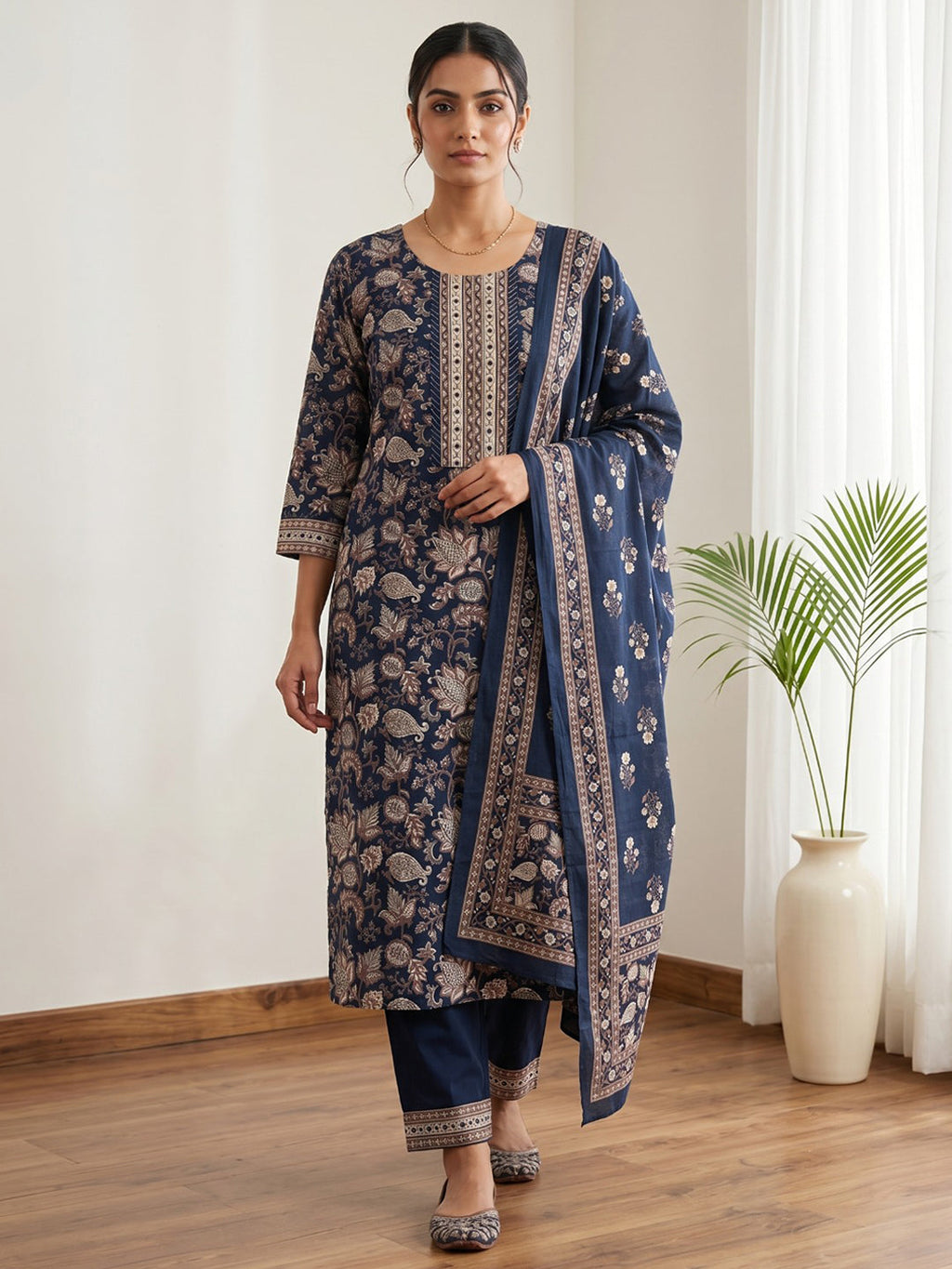 Blue Embroidery Cotton Blend Kurta With Pant & Dupatta
