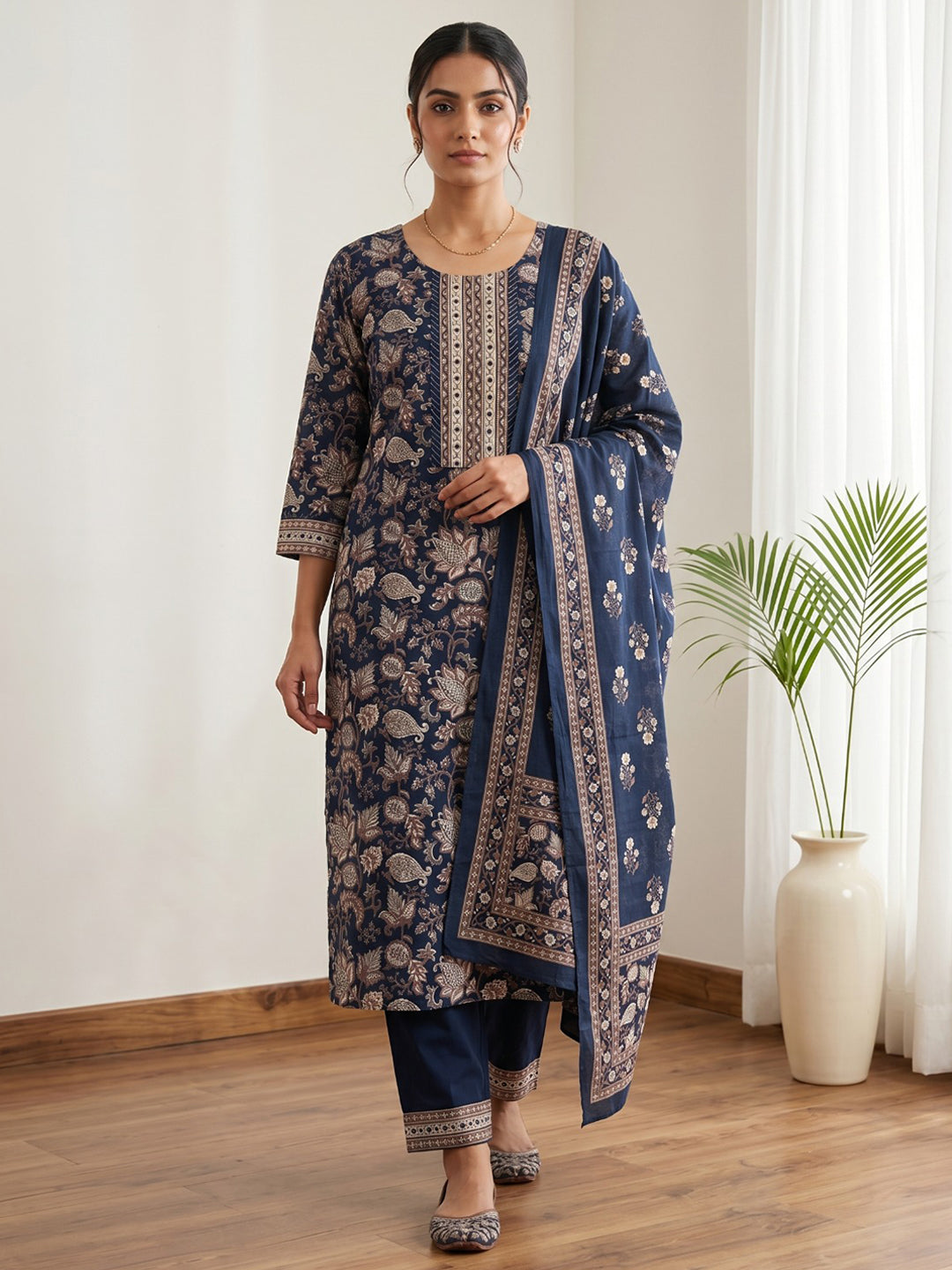 Blue Embroidery Cotton Blend Kurta With Pant & Dupatta