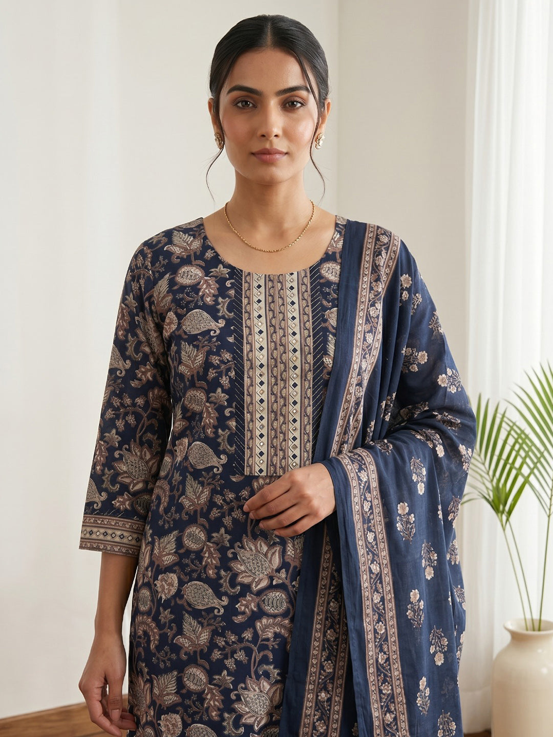 Blue Embroidery Cotton Blend Kurta With Pant & Dupatta