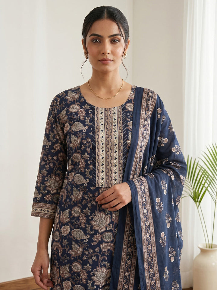 Blue Embroidery Cotton Blend Kurta With Pant &amp; Dupatta
