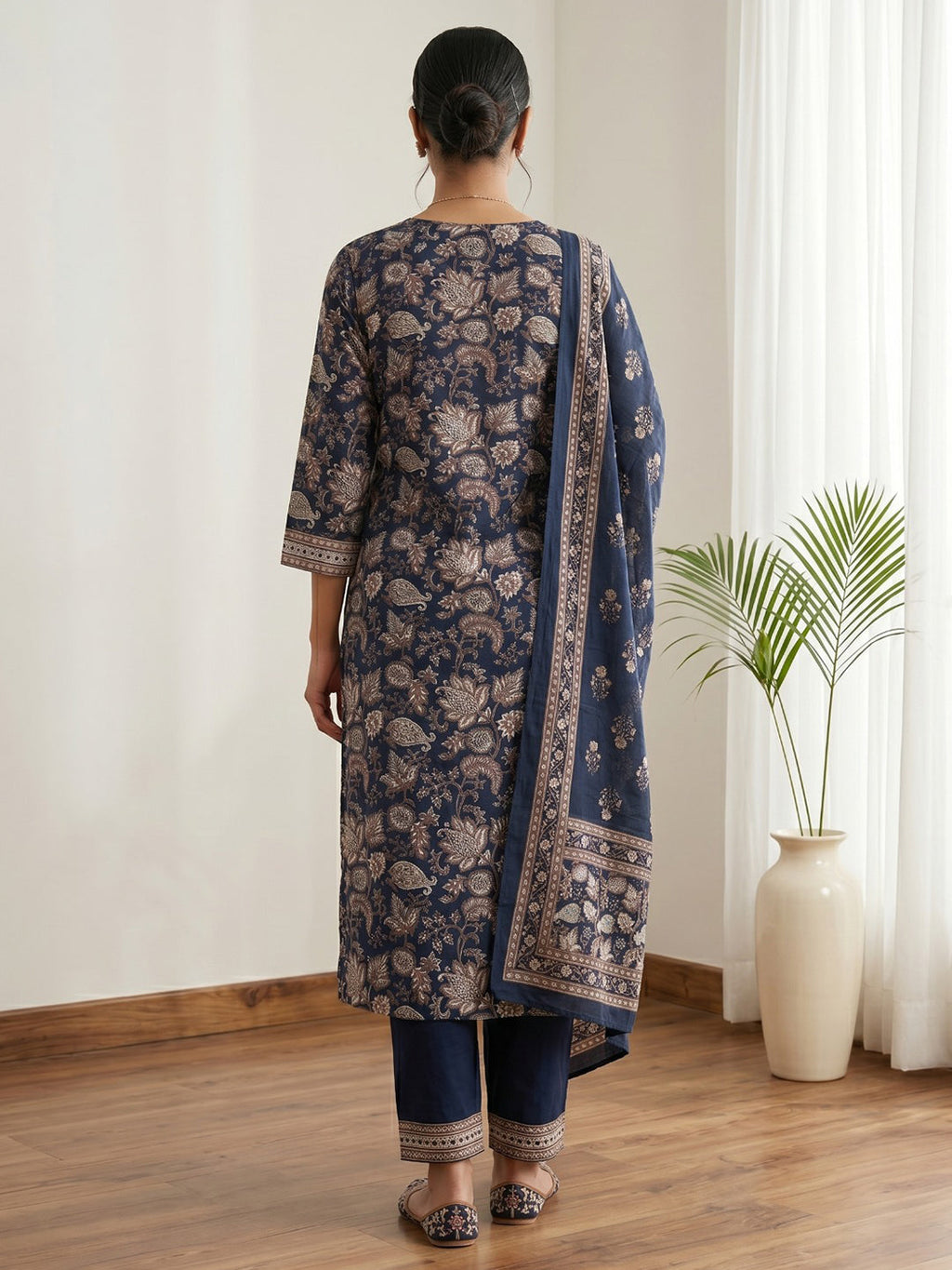 Blue Embroidery Cotton Blend Kurta With Pant & Dupatta