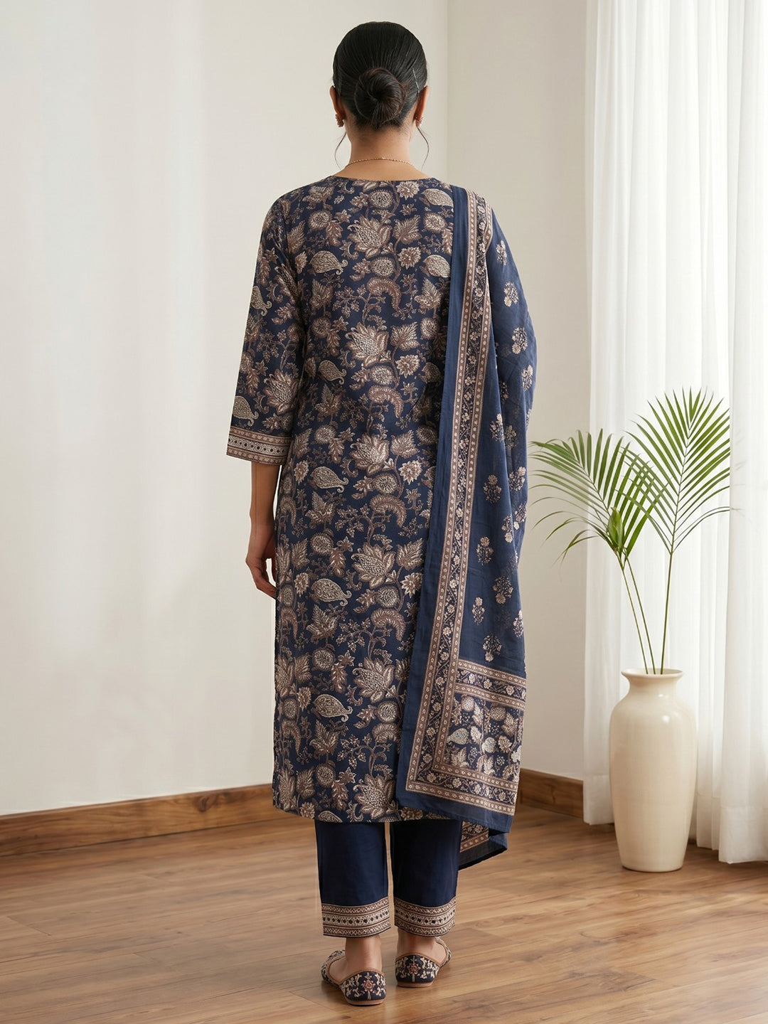 Blue Embroidery Cotton Blend Kurta With Pant & Dupatta