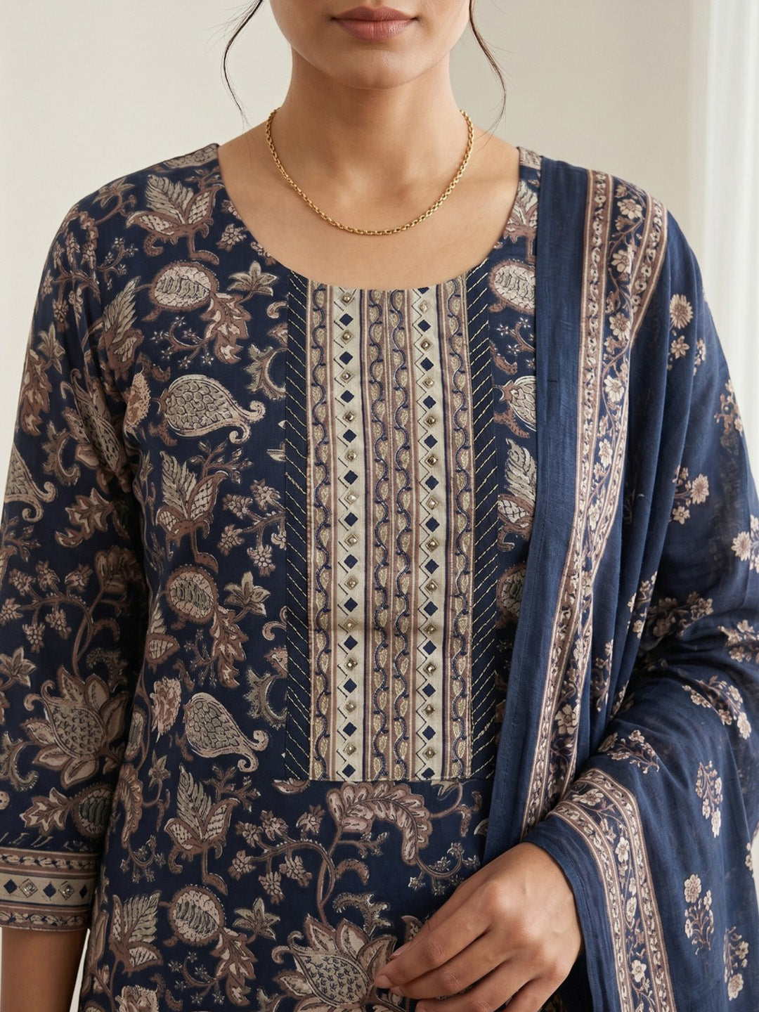 Blue Embroidery Cotton Blend Kurta With Pant & Dupatta
