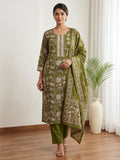 Green Embroidery Cotton Blend Kurta With Pant & Dupatta