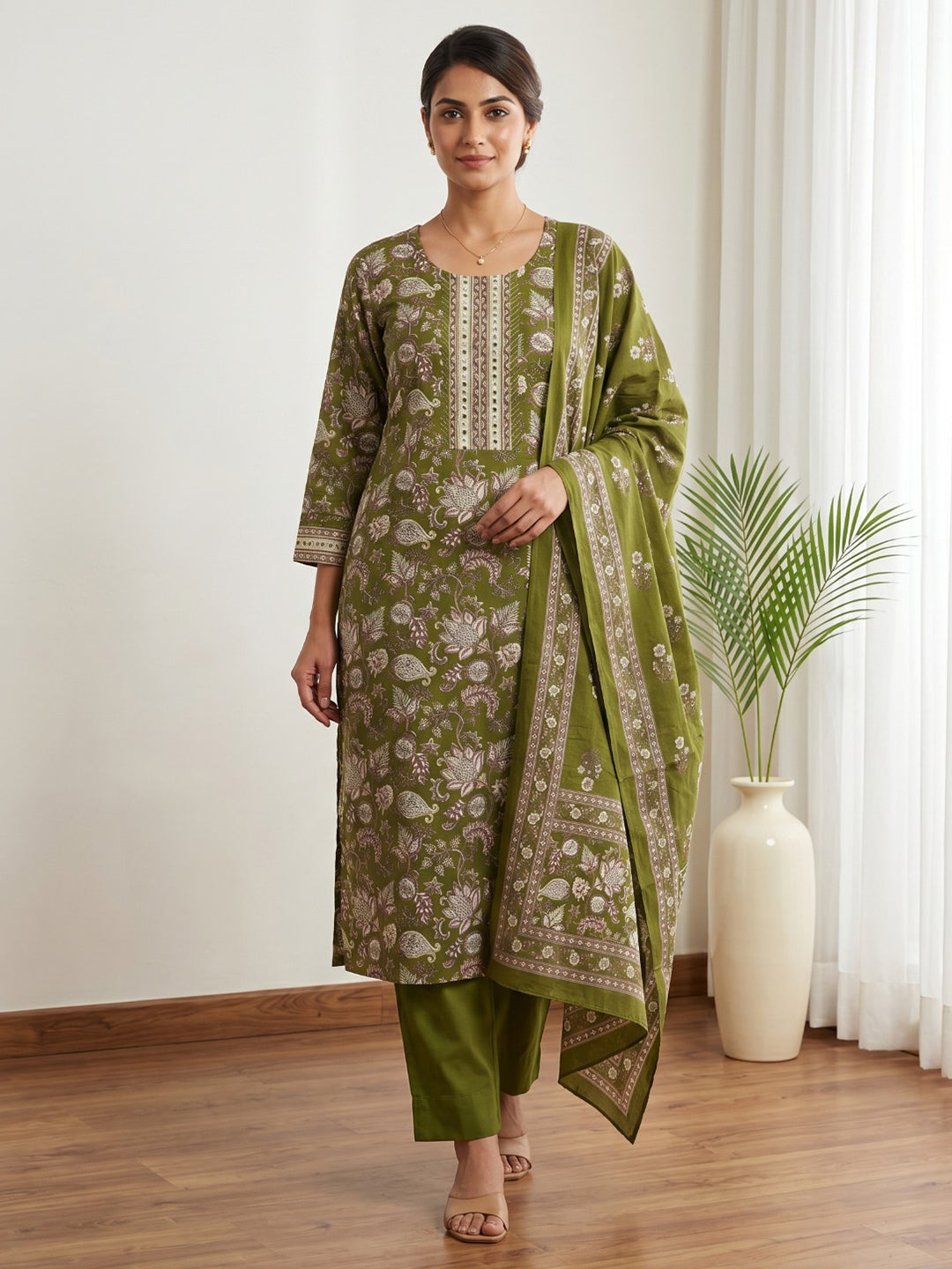 Green Embroidery Cotton Blend Kurta With Pant & Dupatta