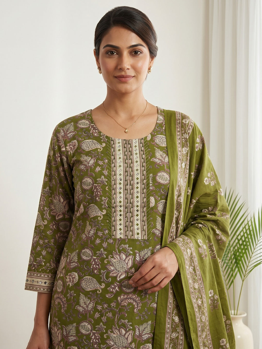 Green Embroidery Cotton Blend Kurta With Pant & Dupatta