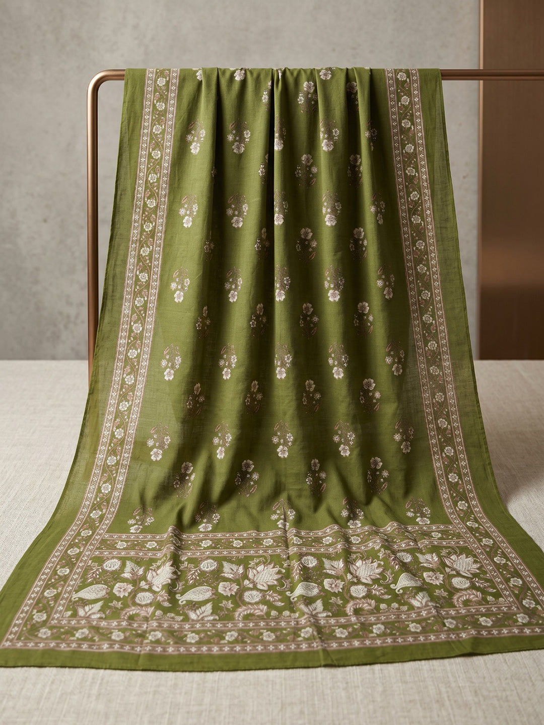 Green Embroidery Cotton Blend Kurta With Pant & Dupatta