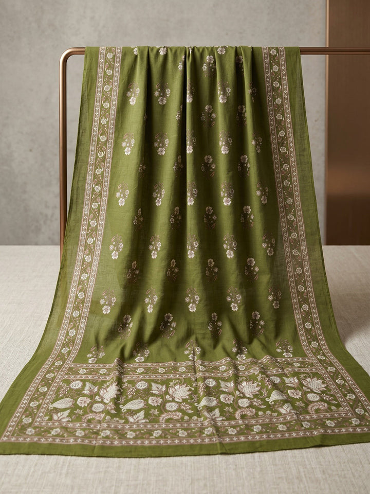 Green Embroidery Cotton Blend Kurta With Pant &amp; Dupatta