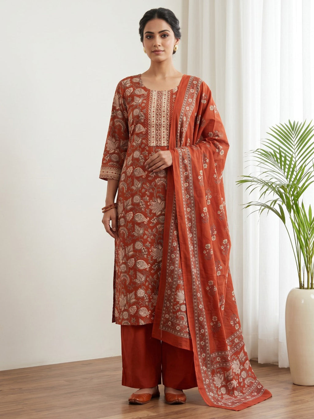 Red Embroidery Cotton Blend Kurta With Pant & Dupatta