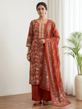 Red Embroidery Cotton Blend Kurta With Pant & Dupatta