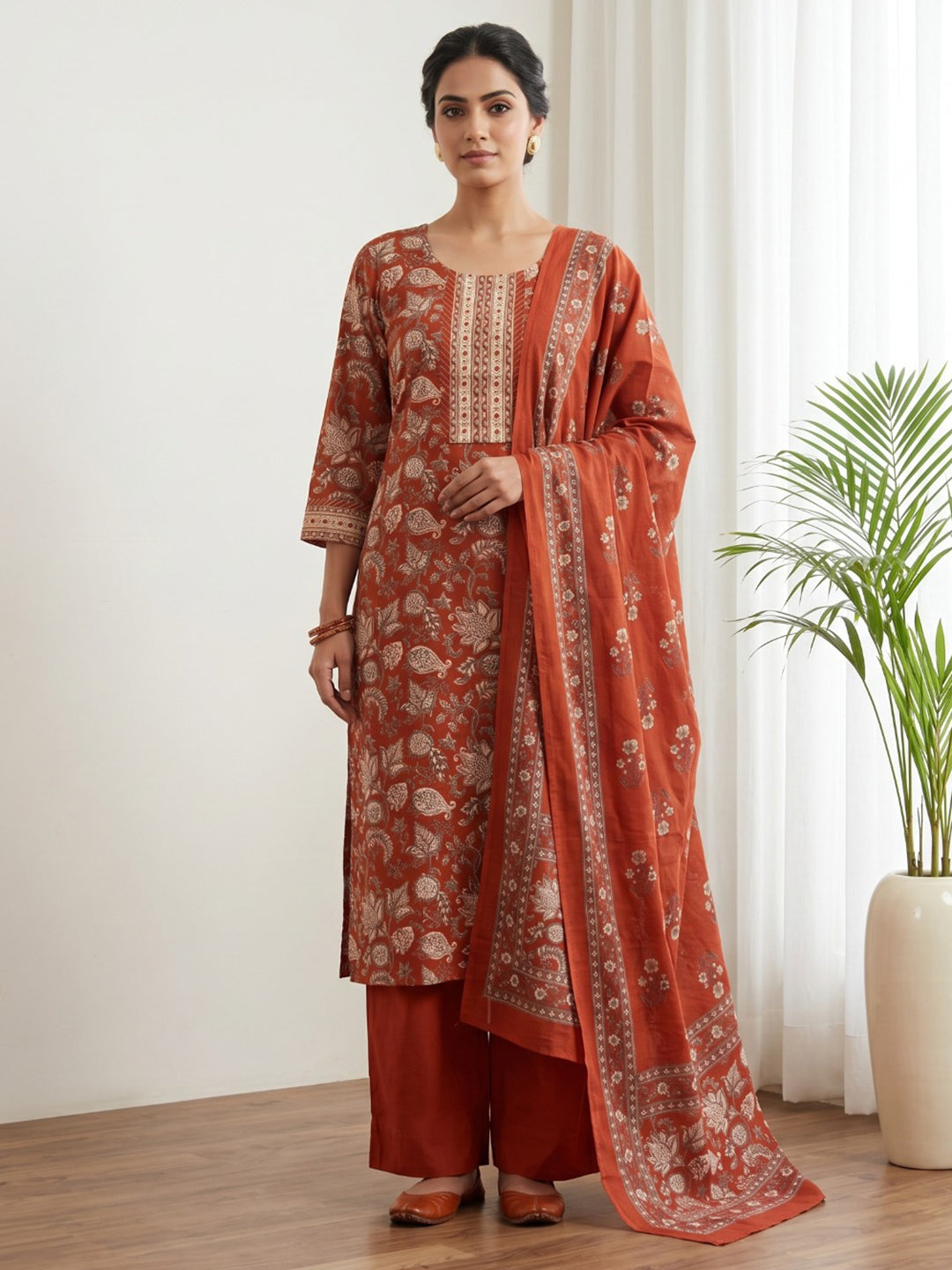Red Embroidery Cotton Blend Kurta With Pant & Dupatta