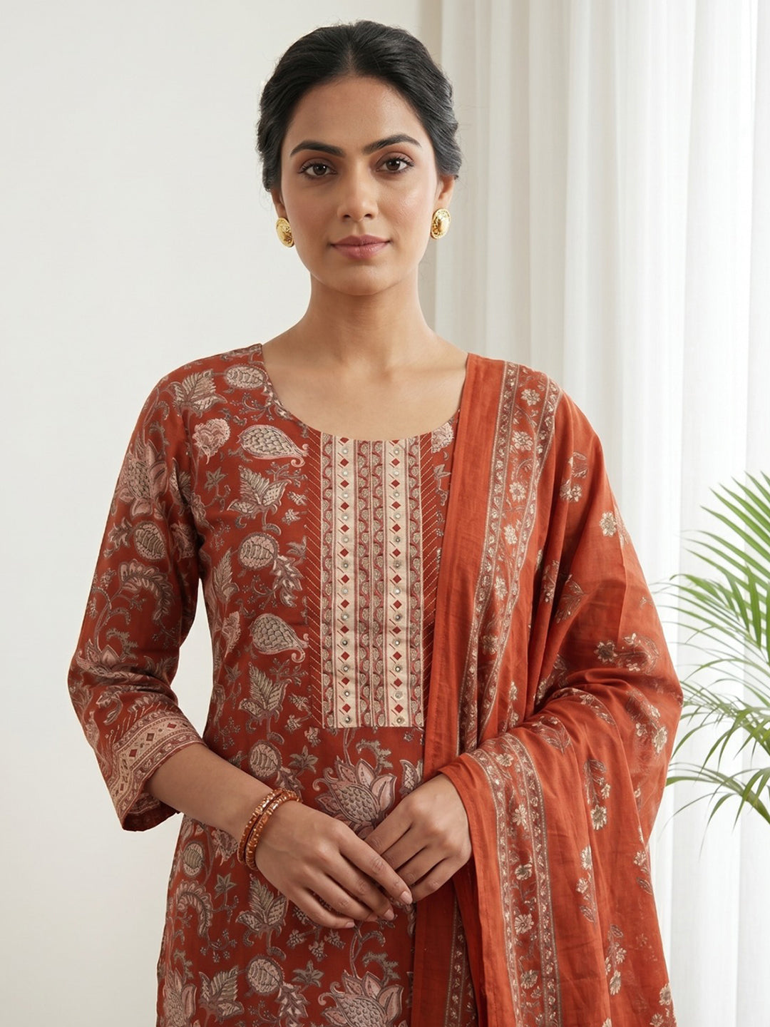 Red Embroidery Cotton Blend Kurta With Pant & Dupatta