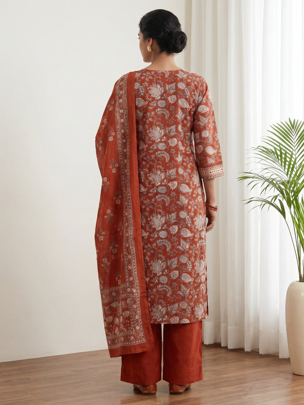 Red Embroidery Cotton Blend Kurta With Pant & Dupatta