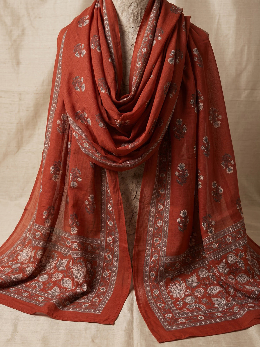 Red Embroidery Cotton Blend Kurta With Pant & Dupatta