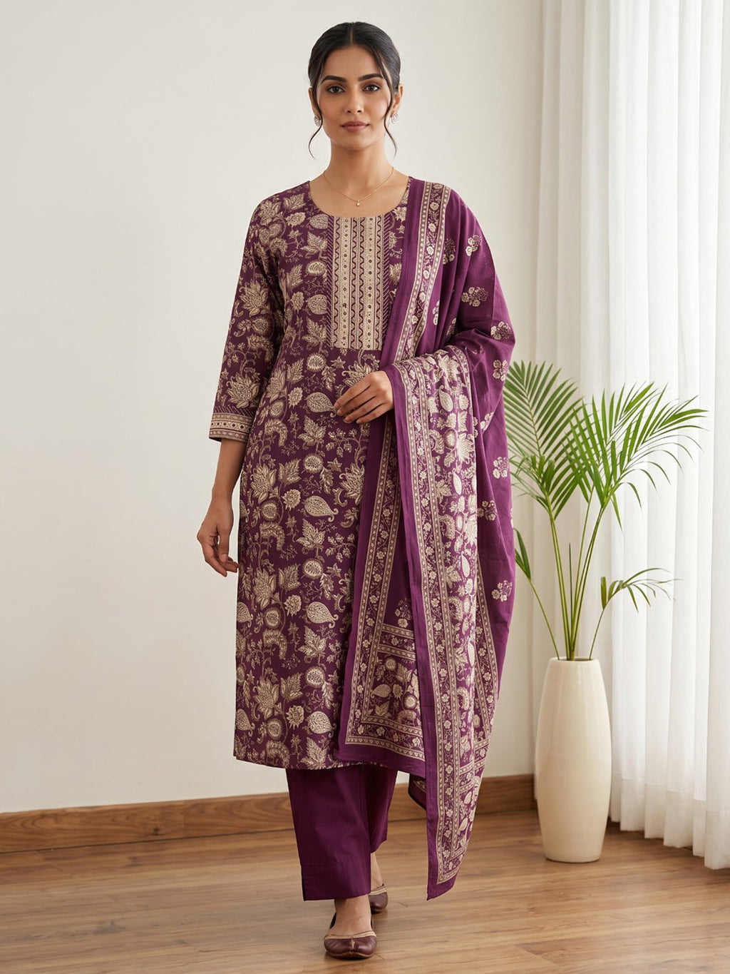 Wine Embroidery Cotton Blend Kurta With Pant & Dupatta