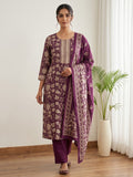 Wine Embroidery Cotton Blend Kurta With Pant & Dupatta